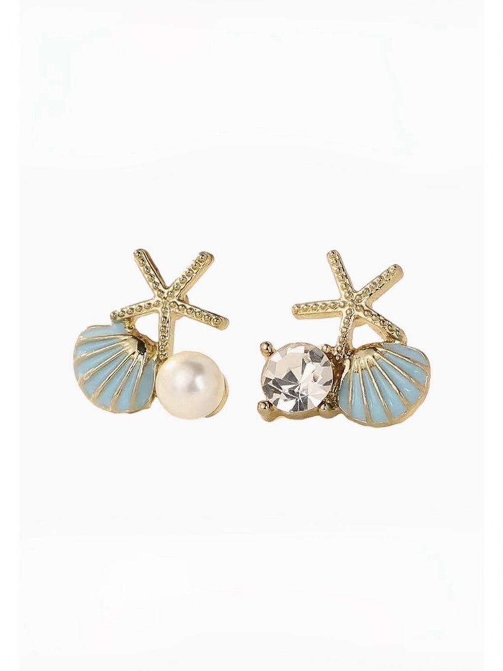 Gold Starfish & Blue Shell Stud Earrings with Pearl and Crystal